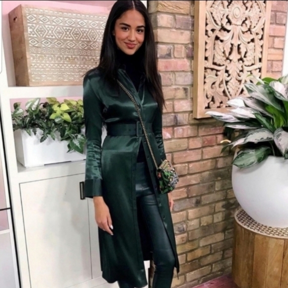 Zara Satin Effect Hunter Green Long Sleeve Belted Collared Midi Dress | sz M - Picture 6 of 15